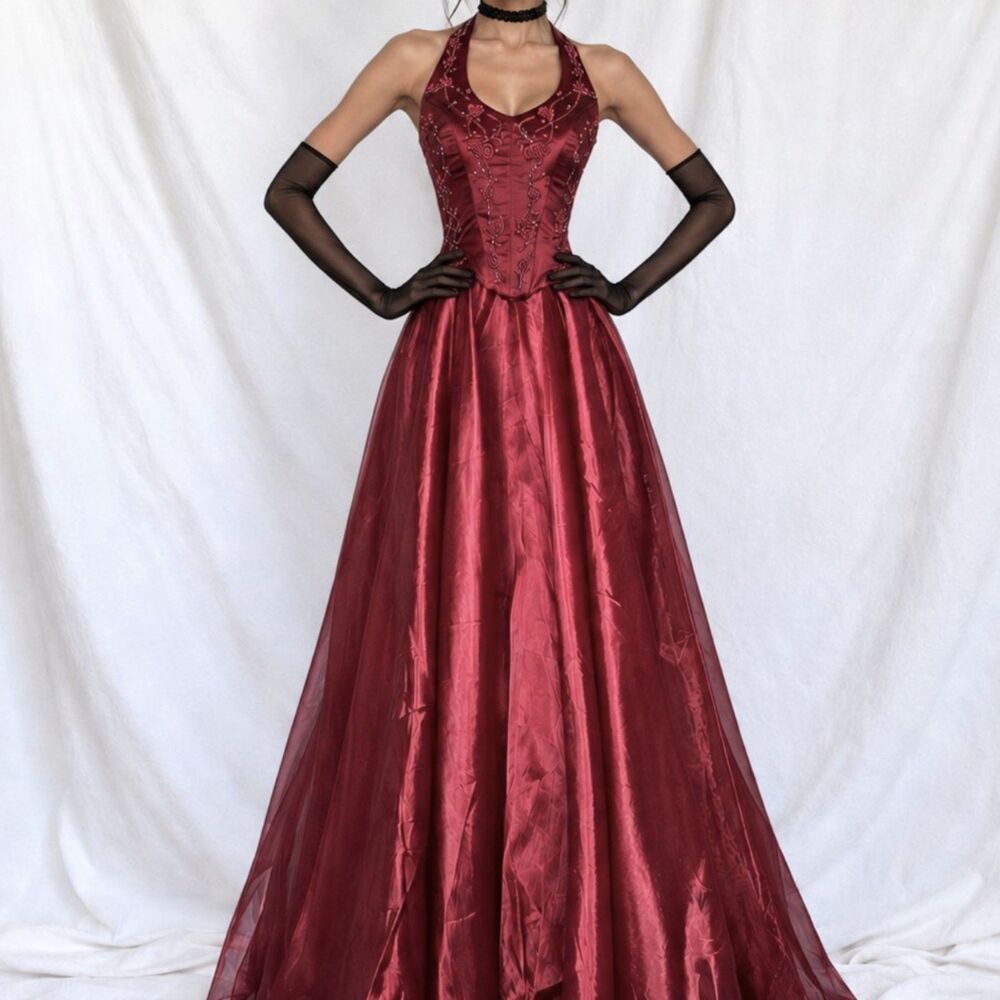 Vintage Y2K Red Floral Beaded Satin Flared Corset Maxi Prom Dress Size XS/S